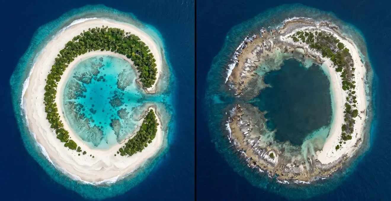 Vue satellite comparative montrant un atoll préservé et un atoll érodé aux Maldives
