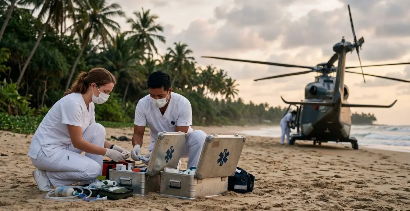 Équipe médicale d'urgence préparant une évacuation héliportée depuis une île tropicale