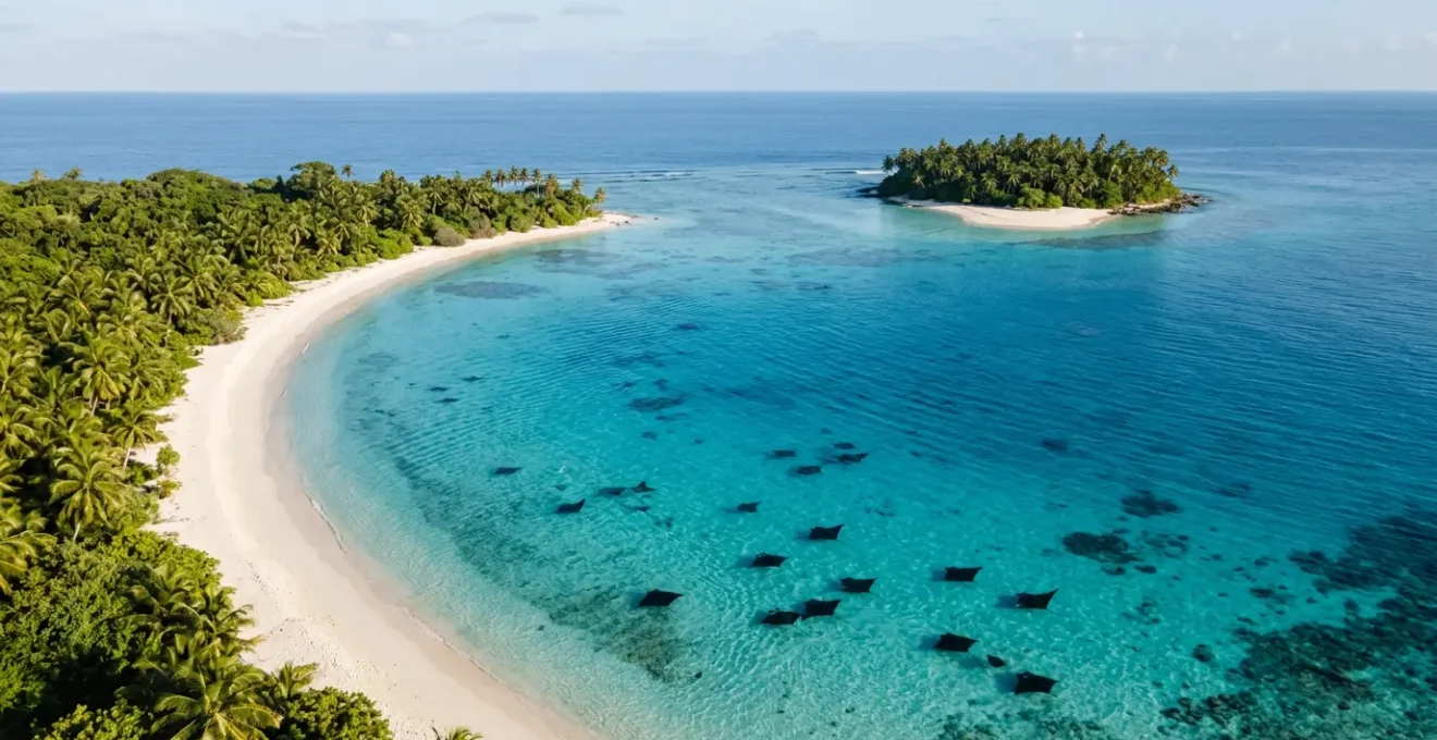 Vue aérienne de la baie d'Hanifaru avec des raies manta visibles sous la surface turquoise lors d'une session d'alimentation