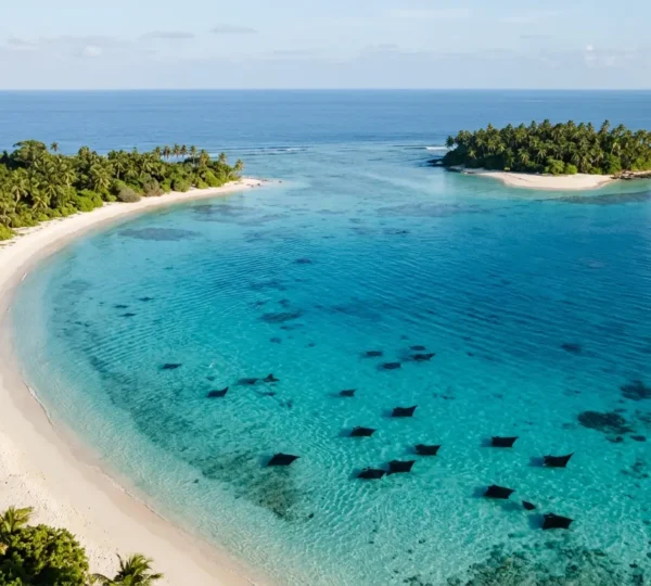 Vue aérienne de la baie d'Hanifaru avec des raies manta visibles sous la surface turquoise lors d'une session d'alimentation
