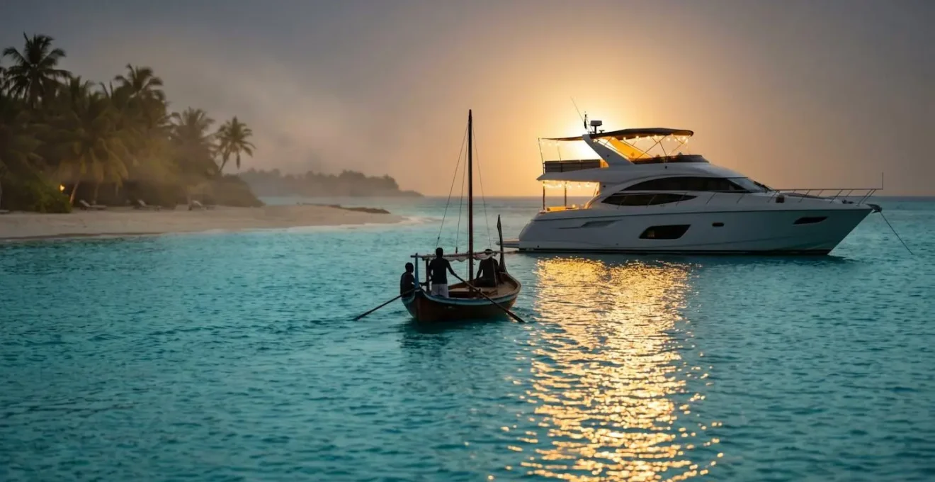 Yacht moderne ancré au large d'une île tropicale au coucher du soleil