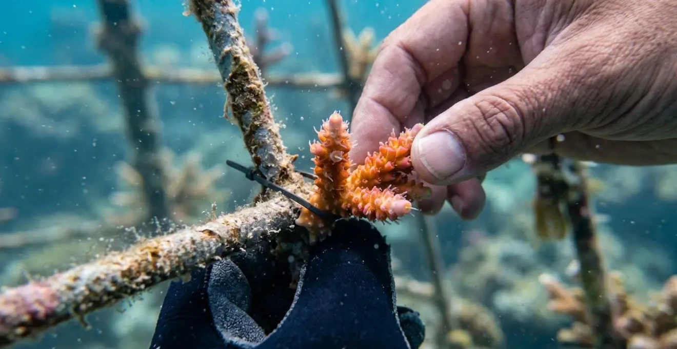 Biologiste marin et touriste travaillant ensemble sur une structure de bouturage corallien sous l'eau