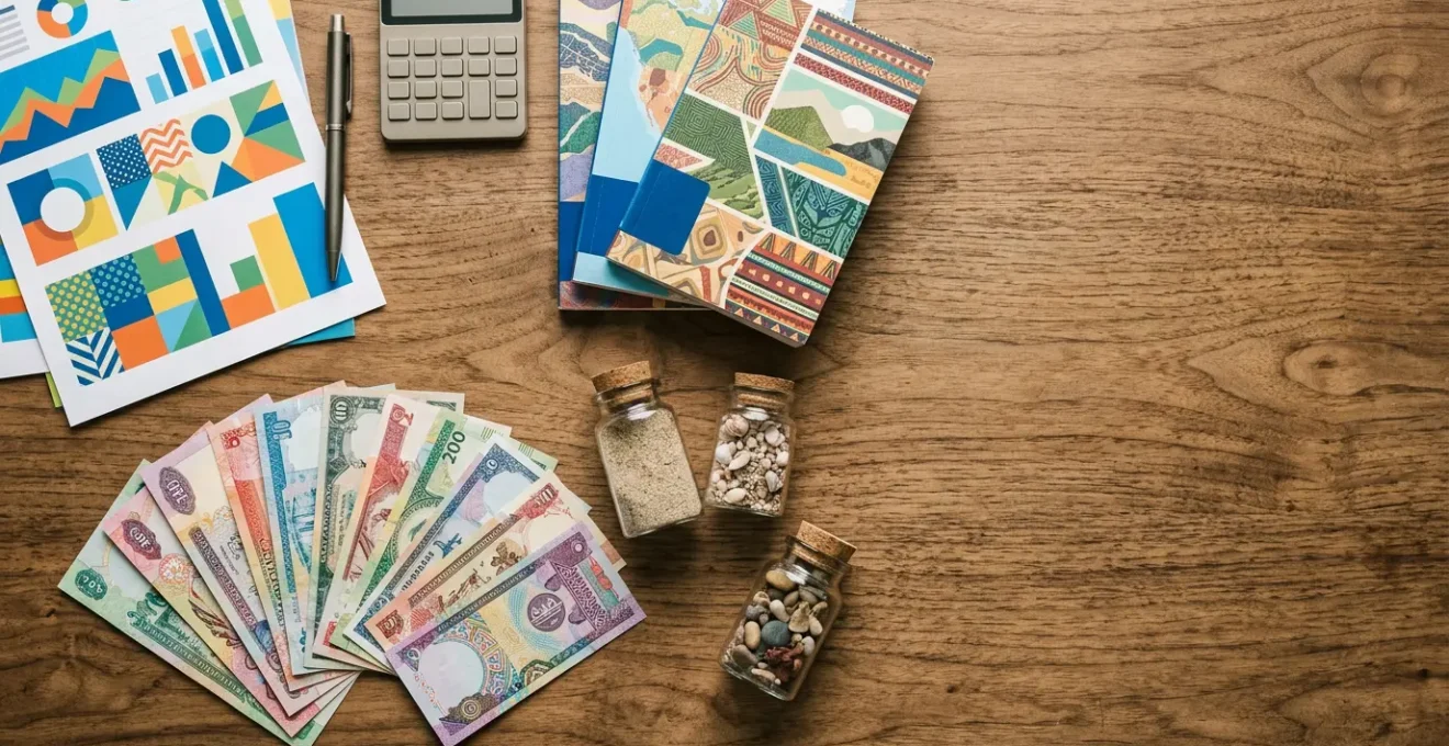 Voyageur analysant son budget pour les Maldives avec une calculatrice et des documents financiers étalés sur un bureau