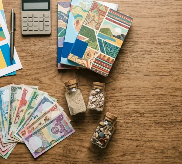 Voyageur analysant son budget pour les Maldives avec une calculatrice et des documents financiers étalés sur un bureau