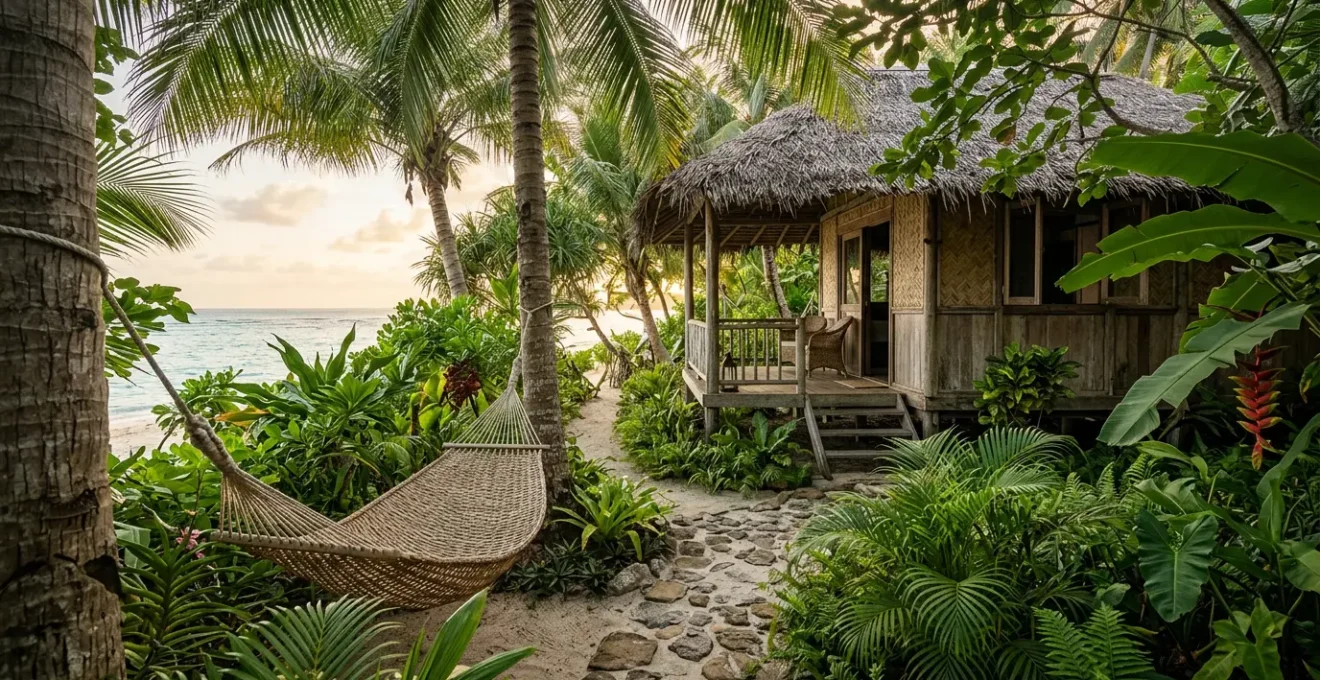 Vue apaisante d'un bungalow entouré de végétation tropicale luxuriante avec hamac et lumière dorée filtrant à travers les palmiers