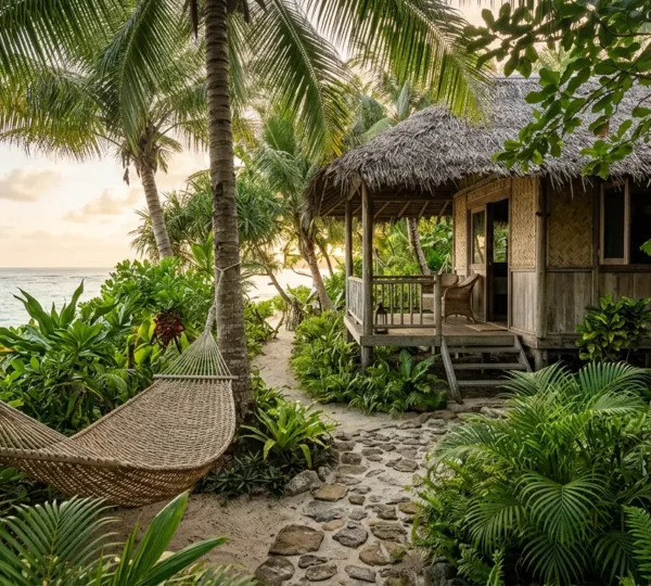 Vue apaisante d'un bungalow entouré de végétation tropicale luxuriante avec hamac et lumière dorée filtrant à travers les palmiers