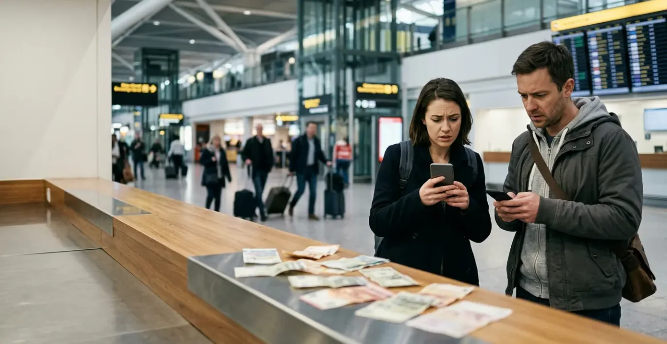Bureau de change à l'aéroport avec des touristes comparant les taux sur leurs téléphones, billets de différentes devises visibles