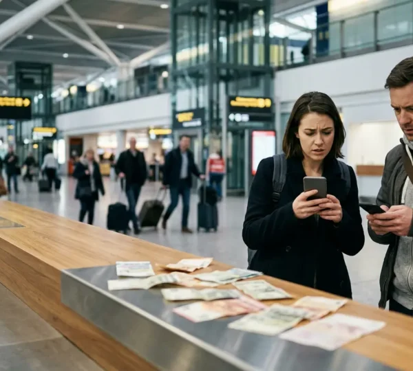 Bureau de change à l'aéroport avec des touristes comparant les taux sur leurs téléphones, billets de différentes devises visibles