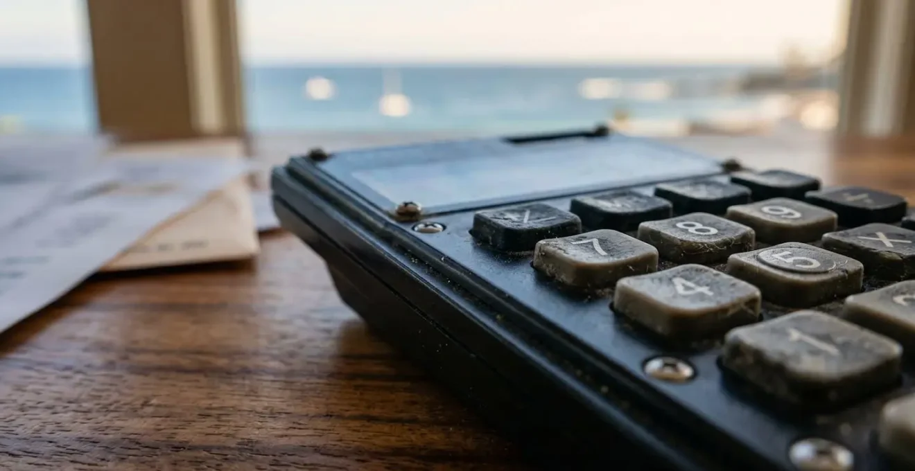 Une calculatrice professionnelle sur un bureau en bois tropical avec des documents financiers floutés et une vue sur l'océan en arrière-plan
