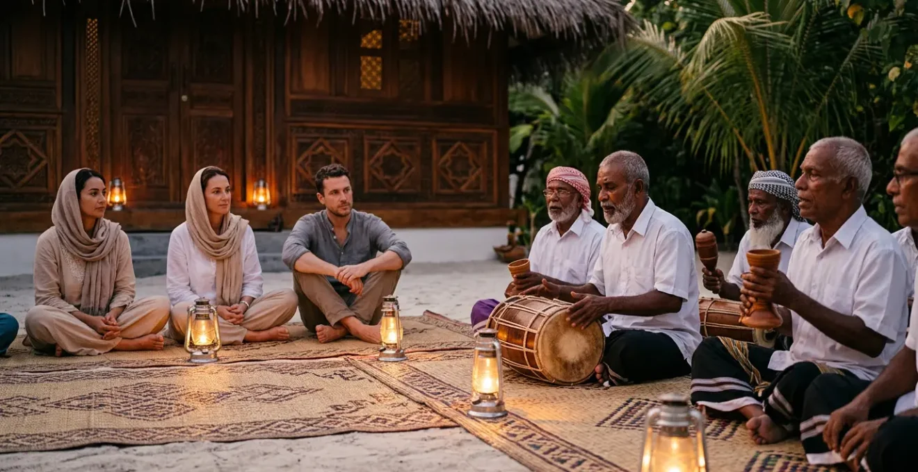 Cérémonie traditionnelle maldivienne où des invités observent respectueusement un rituel local