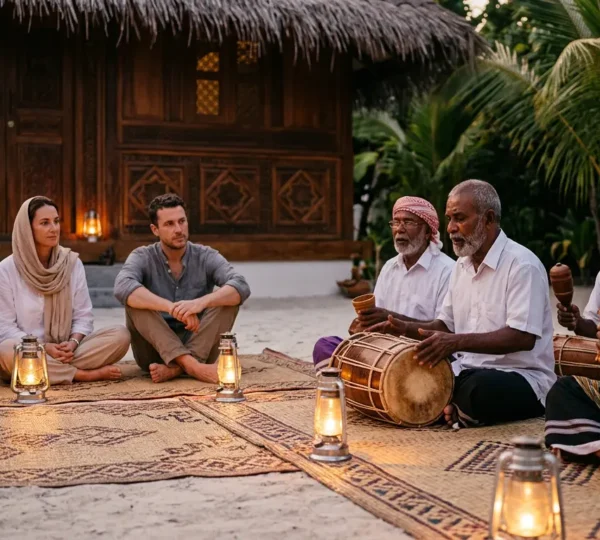 Cérémonie traditionnelle maldivienne où des invités observent respectueusement un rituel local