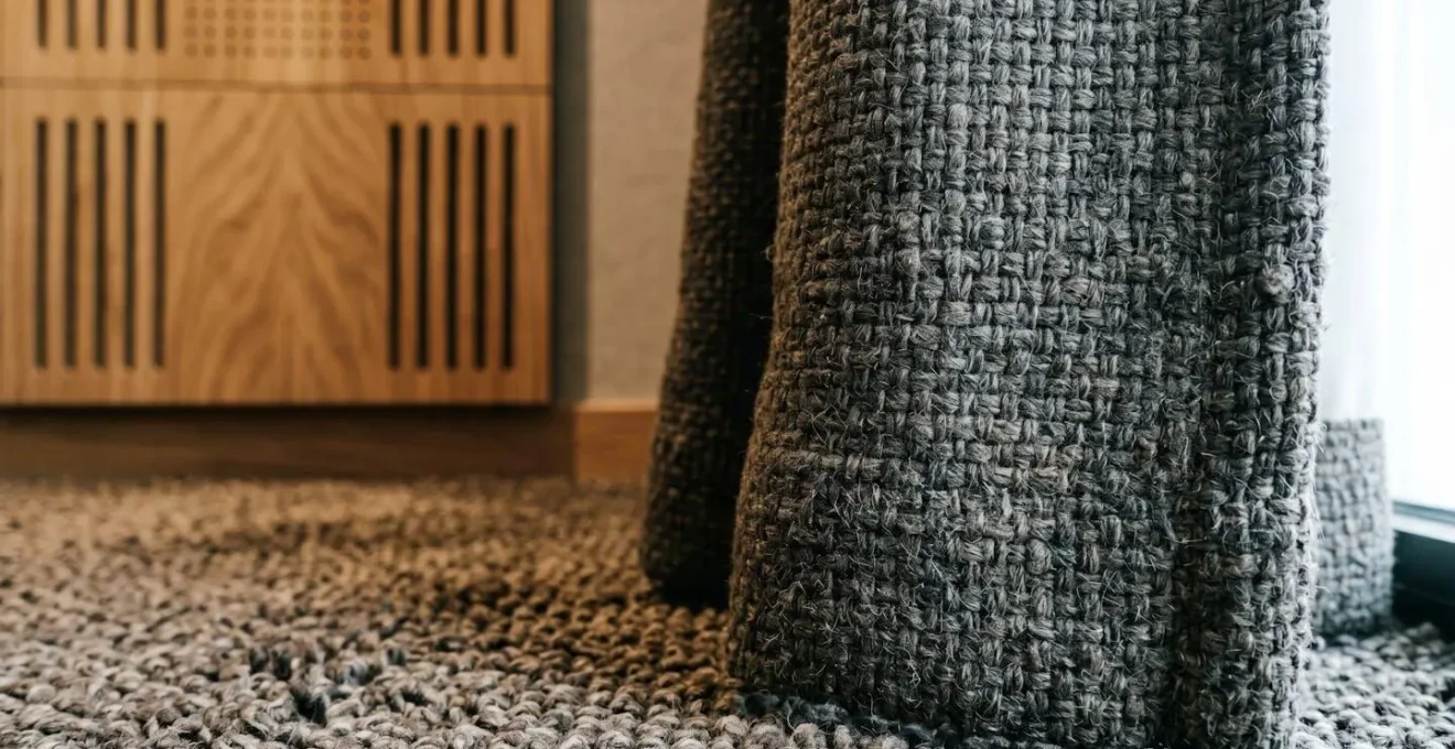 Chambre d'hôtel avec rideaux épais, tapis moelleux et panneaux acoustiques en bois créant une ambiance feutrée