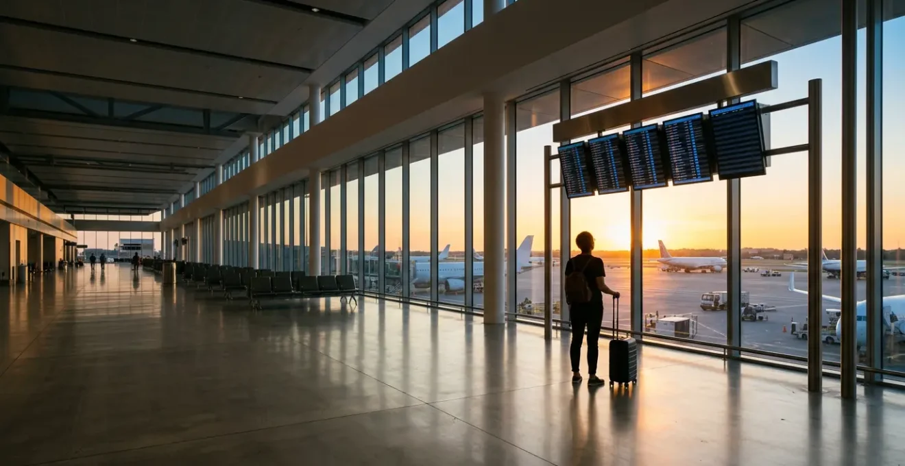 Vue panoramique d'un voyageur contemplant les horaires de départ dans un aéroport moderne avec une vue sur des avions au crépuscule