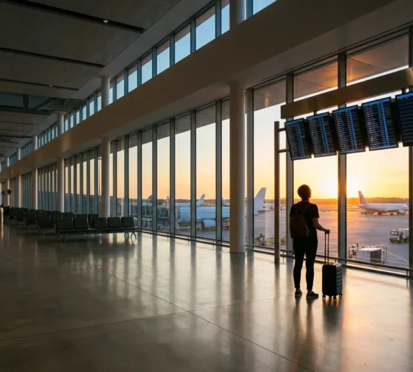 Vue panoramique d'un voyageur contemplant les horaires de départ dans un aéroport moderne avec une vue sur des avions au crépuscule