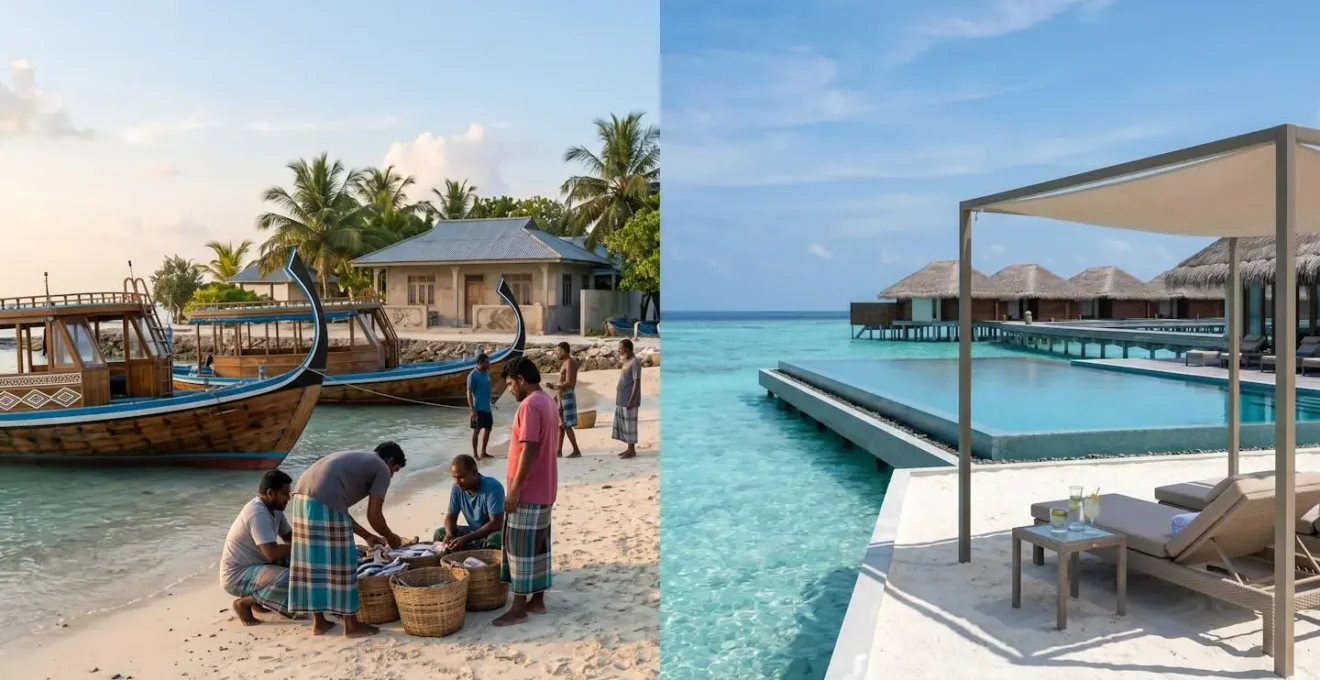 Composition photographique montrant le contraste entre une île locale authentique et un resort luxueux aux Maldives