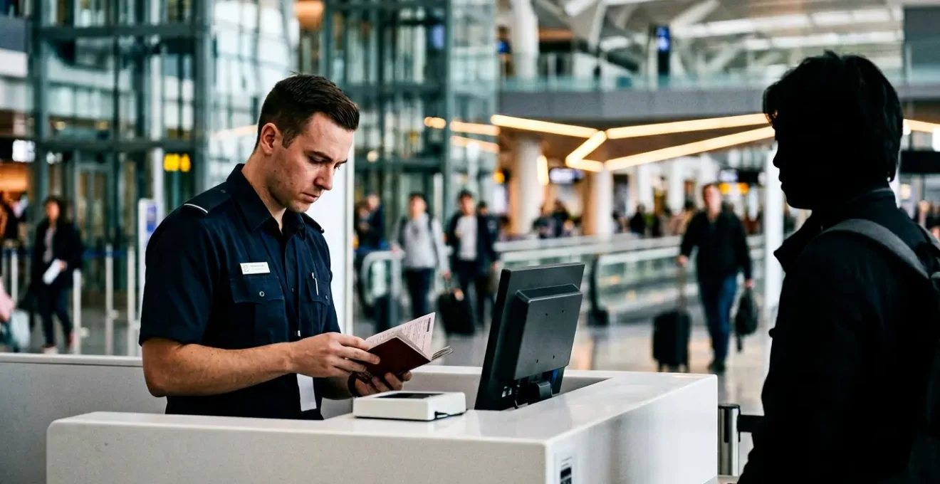Vue d'un comptoir d'immigration moderne dans un aéroport avec un agent vérifiant des documents de voyage, évoquant les contrôles Imuga pour les Maldives