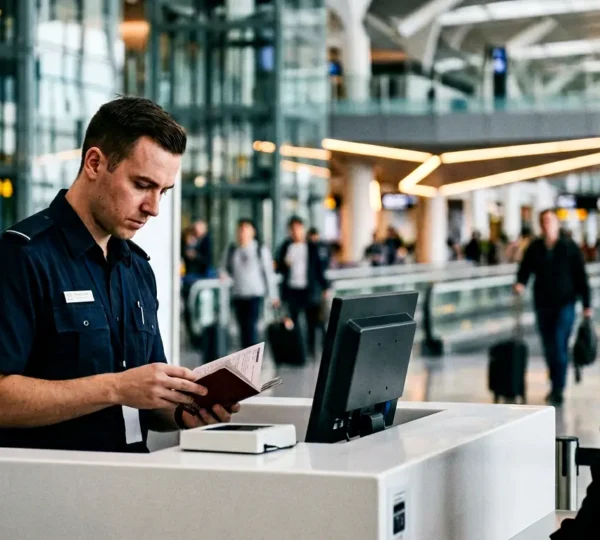 Vue d'un comptoir d'immigration moderne dans un aéroport avec un agent vérifiant des documents de voyage, évoquant les contrôles Imuga pour les Maldives
