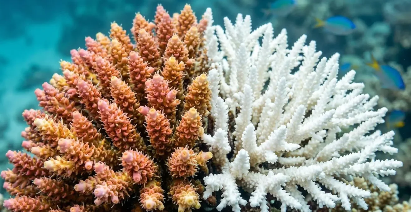 Comparaison sous-marine d'un récif corallien sain et blanchi aux Maldives