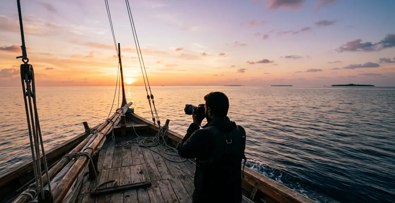 Photographe sur un bateau de croisière capturant le coucher de soleil doré sur l'océan Indien aux Maldives
