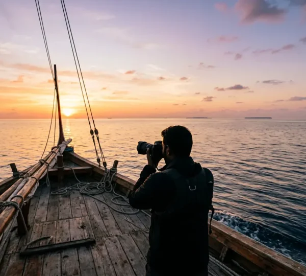 Photographe sur un bateau de croisière capturant le coucher de soleil doré sur l'océan Indien aux Maldives