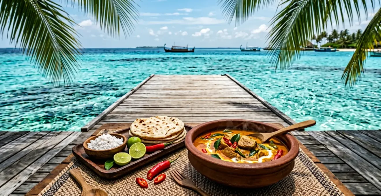 Curry de poisson épicé maldivien servi dans une ambiance tropicale avec vue sur le lagon