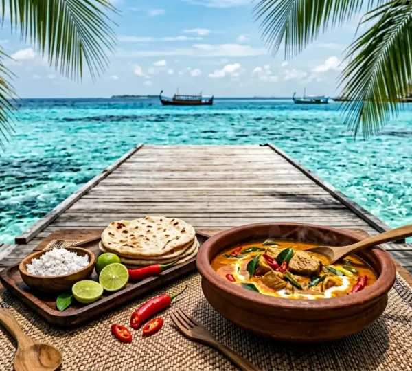 Curry de poisson épicé maldivien servi dans une ambiance tropicale avec vue sur le lagon