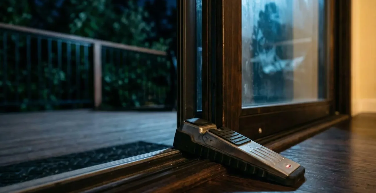 Alarme de porte portable installée près d'une baie vitrée donnant sur une terrasse de villa