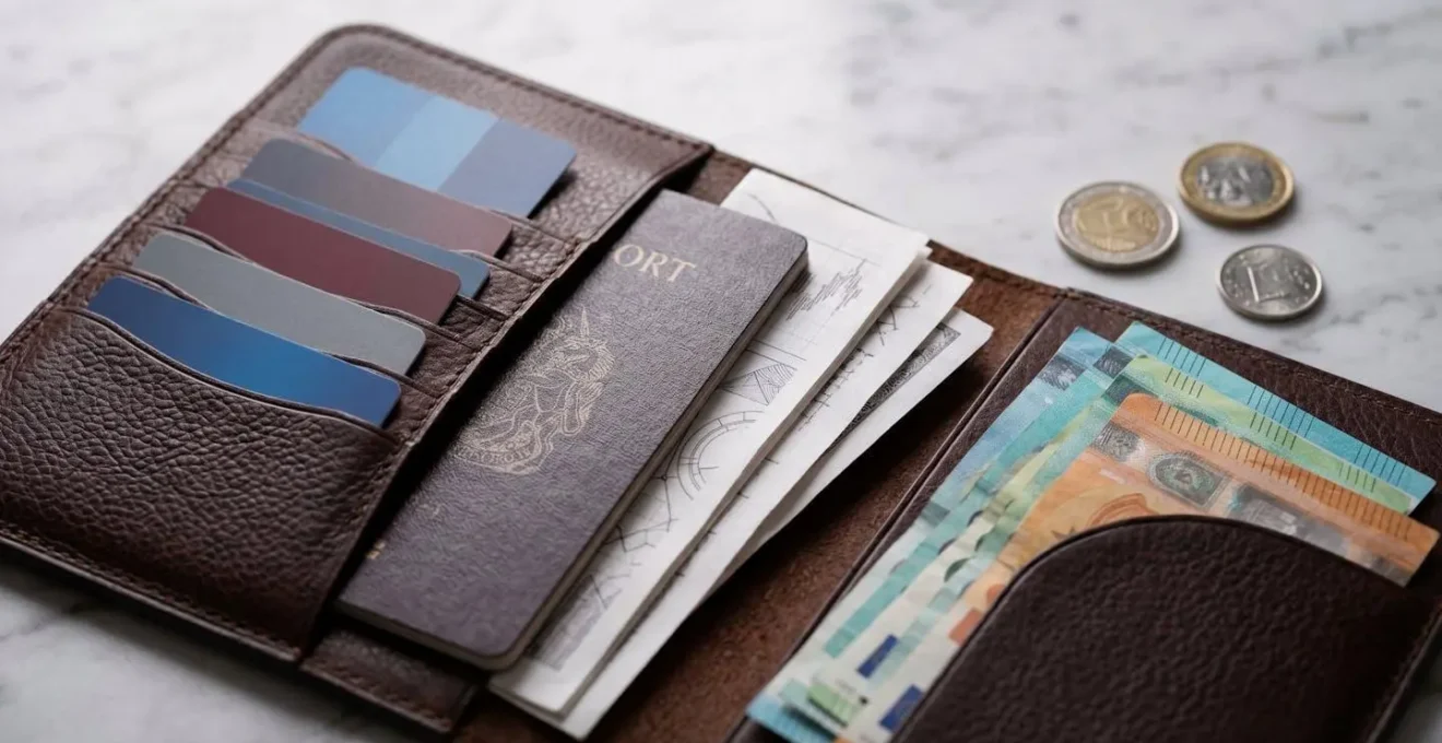 Pochette de voyage ouverte montrant des documents financiers organisés pour les Maldives