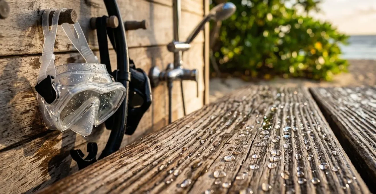 Douche extérieure sur terrasse en bois avec équipement de plongée suspendu