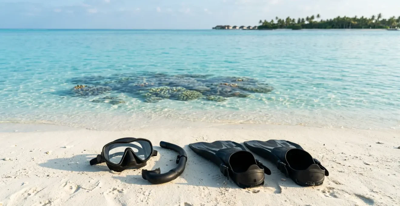 Équipement de snorkeling professionnel posé sur sable blanc avec récif corallien des Maldives en arrière-plan