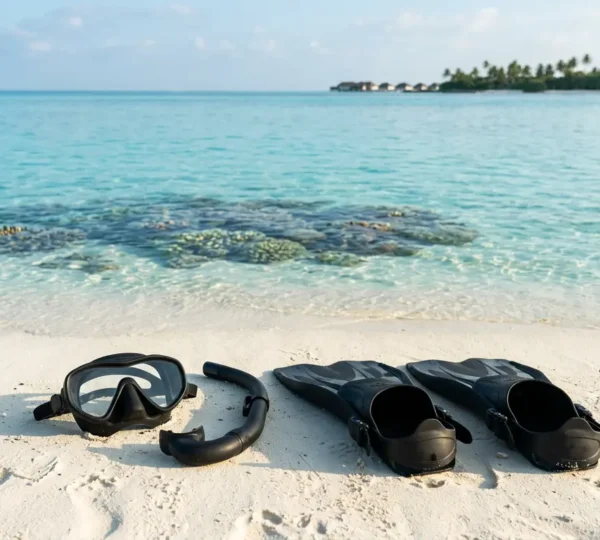 Équipement de snorkeling professionnel posé sur sable blanc avec récif corallien des Maldives en arrière-plan