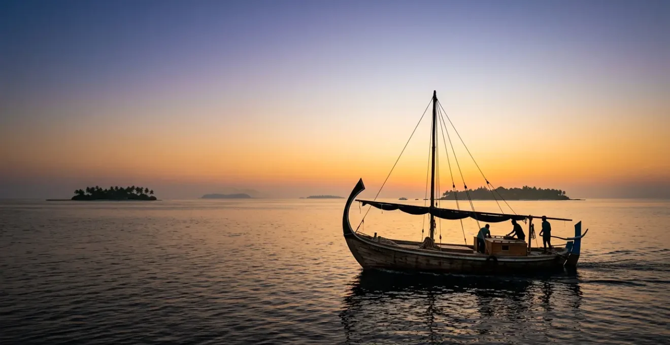 Dhoni traditionnel maldivien naviguant au coucher du soleil entre les atolls