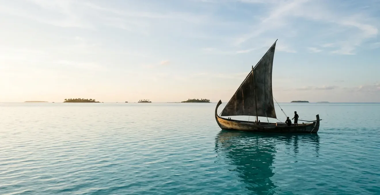 Bateau traditionnel dhoni naviguant sur les eaux turquoise cristallines des Maldives