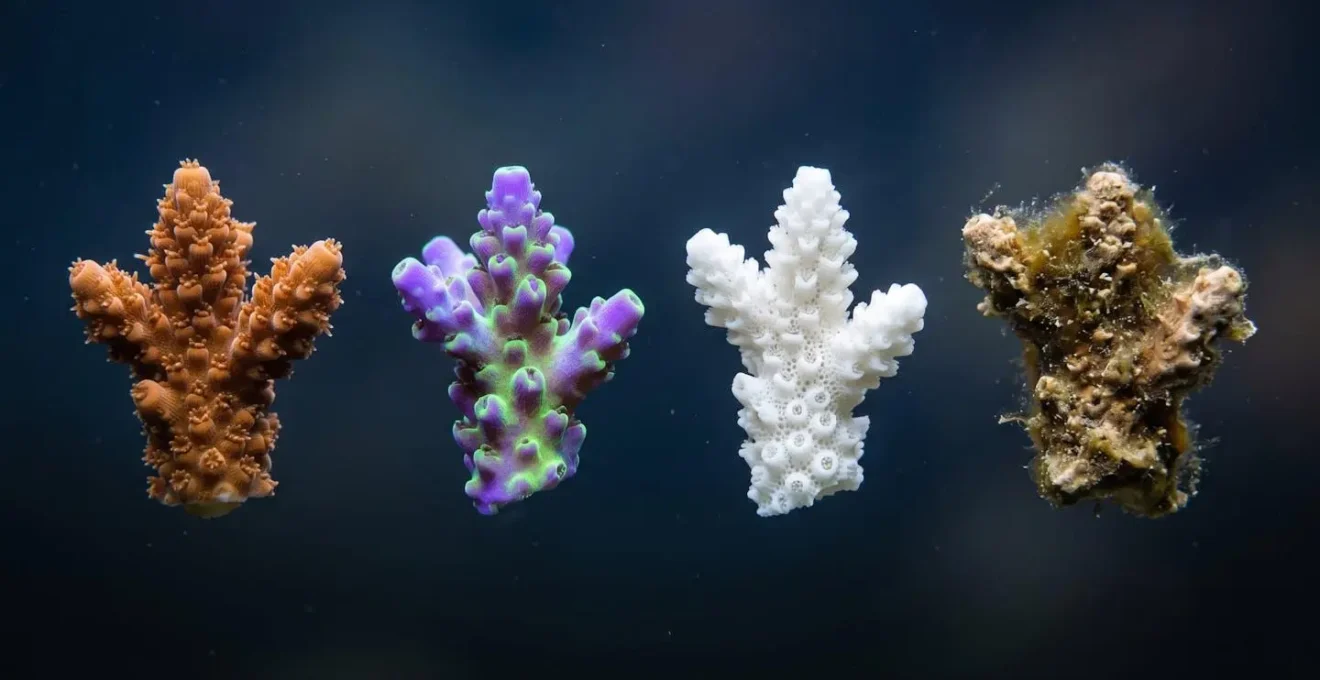Quatre fragments de corail montrant l'évolution du sain au mort avec leurs différentes couleurs