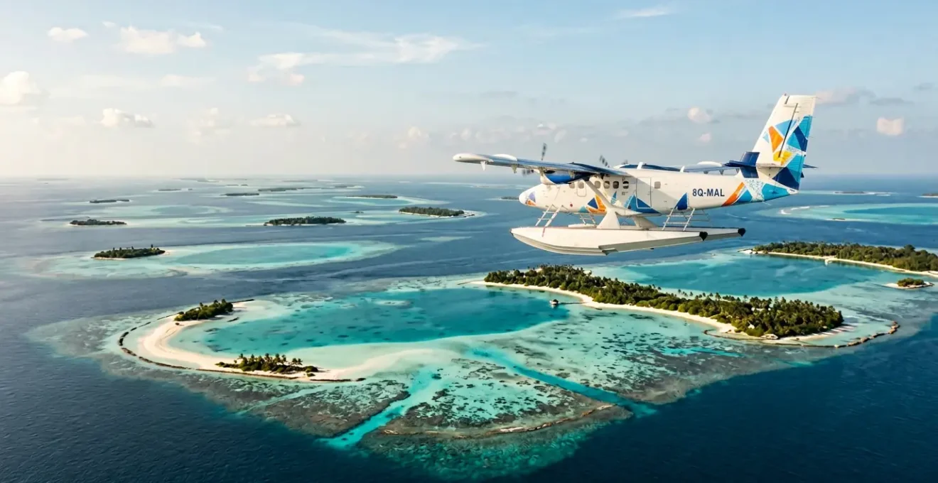 Vue aérienne d'un hydravion survolant les lagons turquoise des Maldives avec ses atolls en arrière-plan