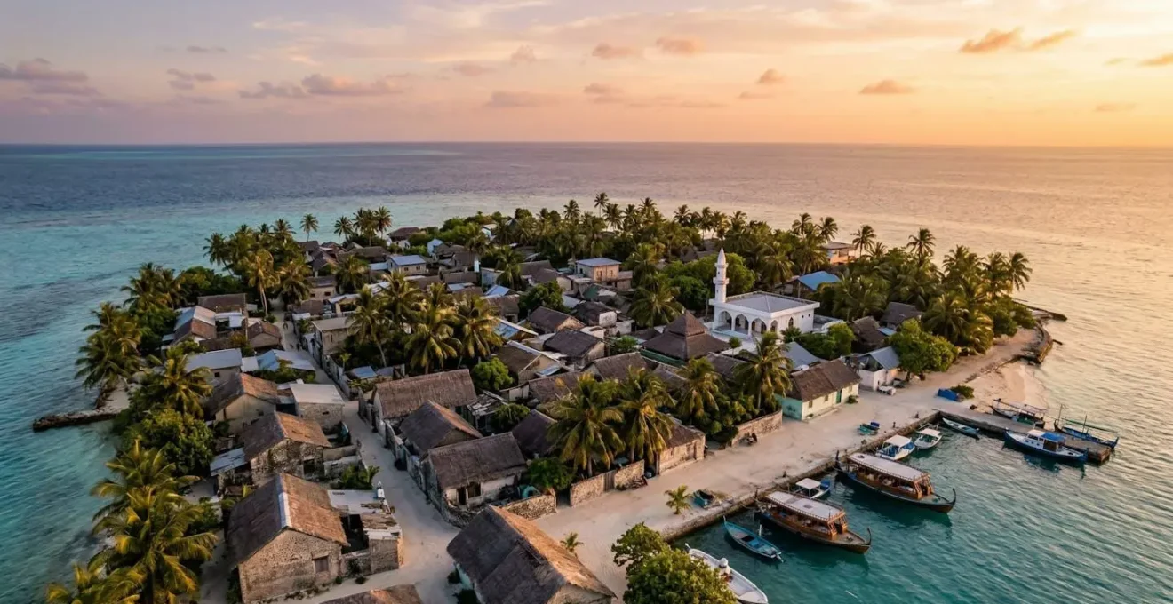 Vue panoramique d'une île locale habitée des Maldives avec mosquée, port de pêche et habitations traditionnelles