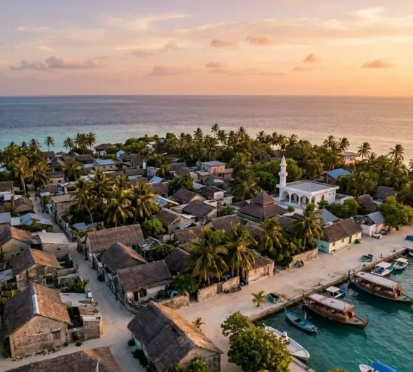 Vue panoramique d'une île locale habitée des Maldives avec mosquée, port de pêche et habitations traditionnelles