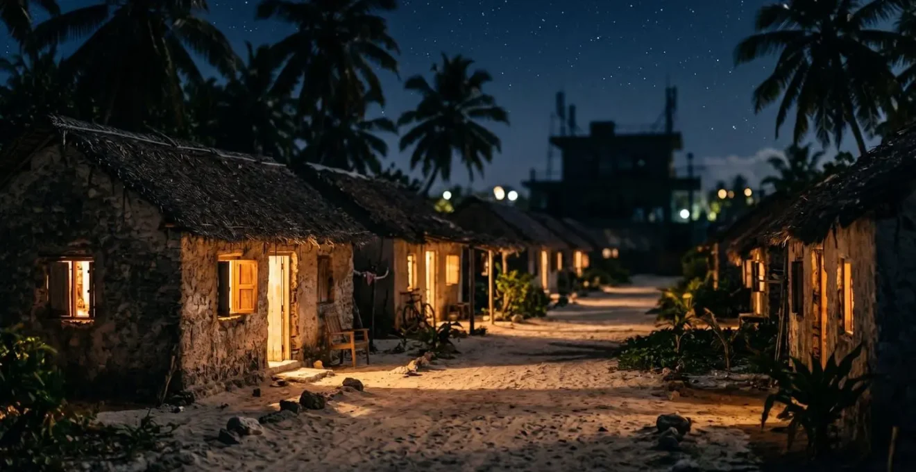 Vue nocturne d'un village sur île locale maldivienne avec éclairage et bâtiment technique
