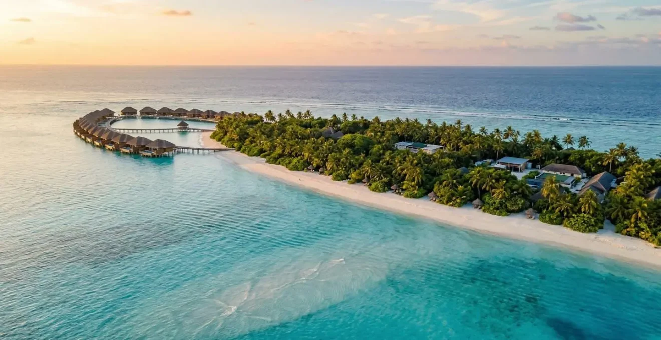 Vue aérienne d'une île resort aux Maldives montrant le contraste entre la zone touristique et les infrastructures techniques