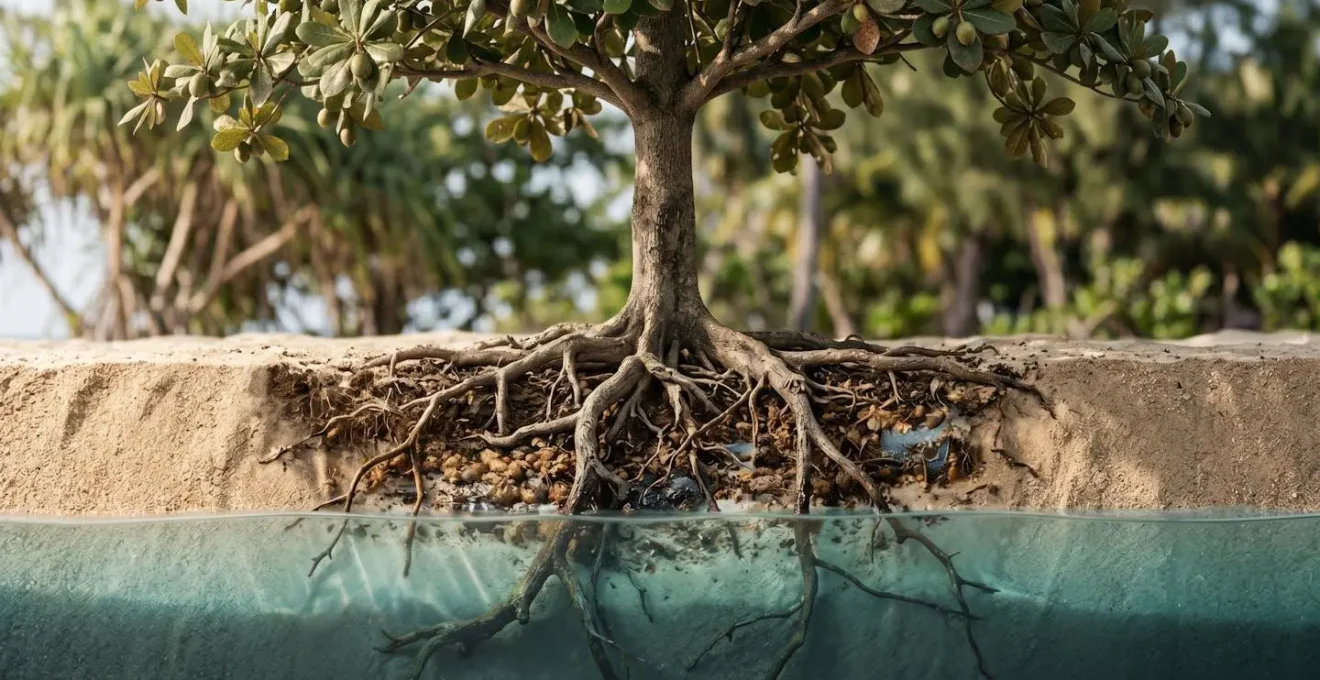 Coupe transversale d'une île maldivienne montrant l'interaction entre végétation, sol et lentille d'eau douce