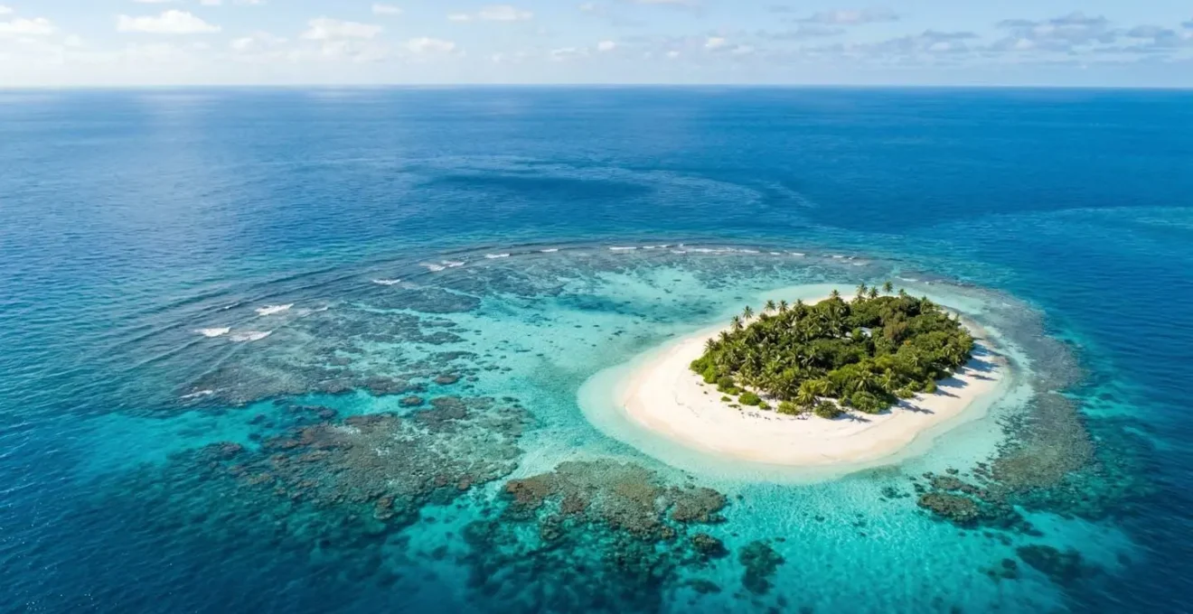 Vue aérienne d'une île tropicale entourée de récifs coralliens aux nuances turquoise et bleues profondes