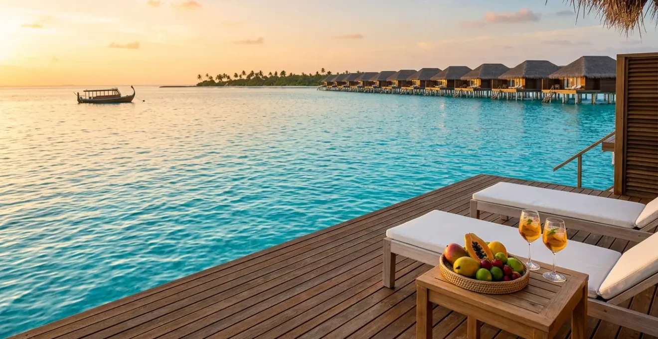 Resort de luxe aux Maldives avec bungalow sur pilotis et mer turquoise cristalline