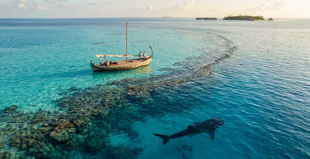 Vue aérienne spectaculaire d'un bateau traditionnel dhoni longeant le récif de l'atoll d'Ari avec un requin-baleine visible sous la surface turquoise