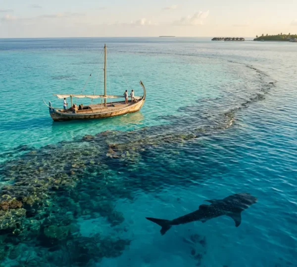Vue aérienne spectaculaire d'un bateau traditionnel dhoni longeant le récif de l'atoll d'Ari avec un requin-baleine visible sous la surface turquoise