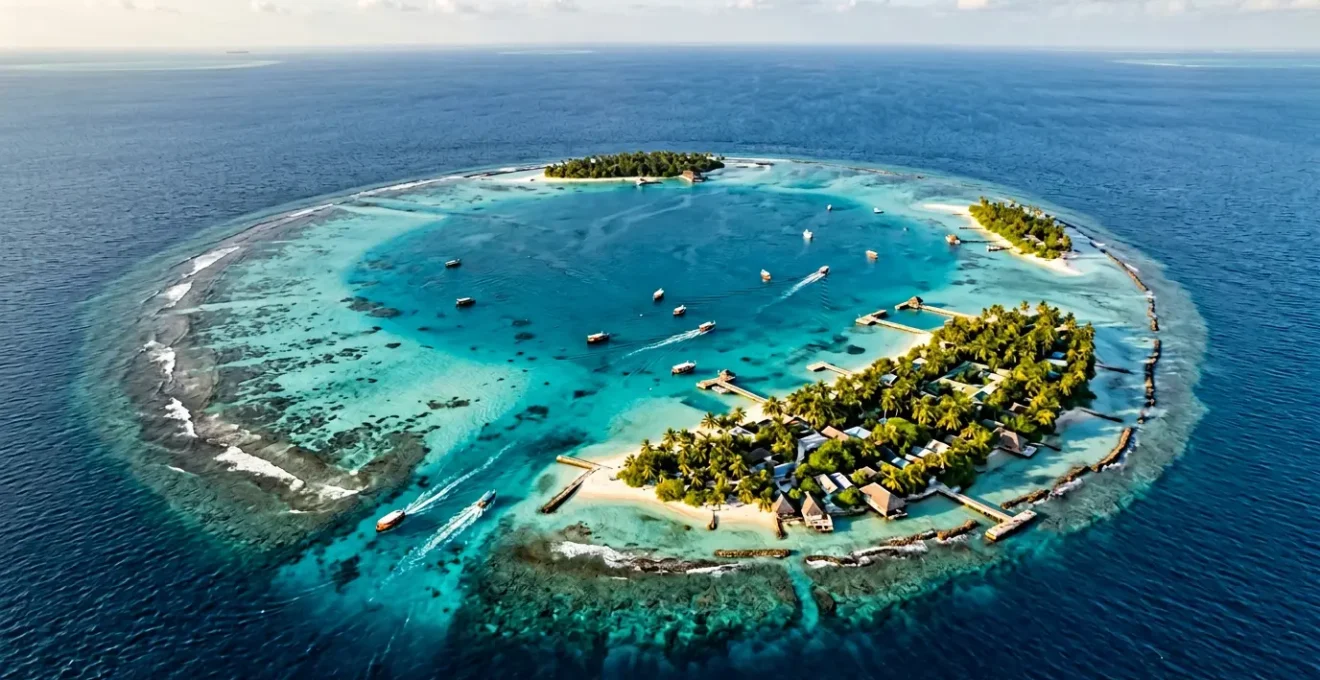Vue aérienne d'un atoll maldivien montrant le contraste entre les îles locales habitées et les lagons turquoise, avec des dhonis traditionnels naviguant entre les îles