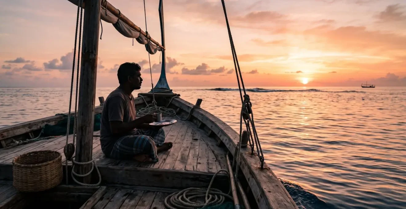 Pêcheur maldivien au lever du soleil préparant son petit-déjeuner sur la plage