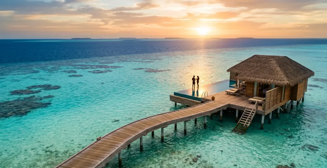 Vue aérienne romantique d'une villa sur pilotis aux Maldives au coucher du soleil avec un couple sur la terrasse