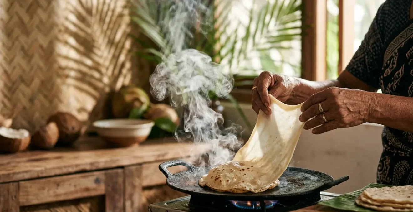 Préparation traditionnelle du Roshi maldivien sur une poêle en fonte avec vapeur s'élevant et mains expertes