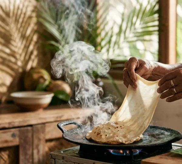 Préparation traditionnelle du Roshi maldivien sur une poêle en fonte avec vapeur s'élevant et mains expertes