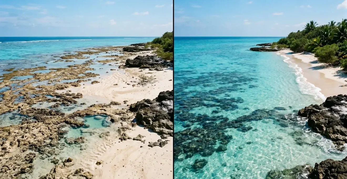 Transformation d'une plage des Maldives entre marée basse et marée haute